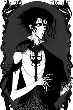 gothic creepy handsome black haired warlock with gothic jewelry and tentacle hands in the style of aubrey beardsley