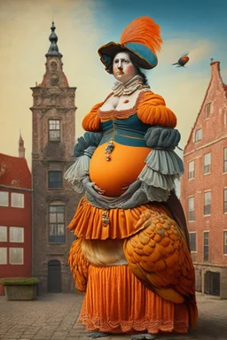 Pregnant Female Half parrot half human in a old 1700s orange Dutch uniform in front of a Dutch city