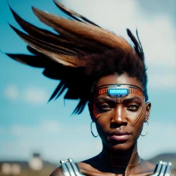 A beautiful portrait of a cyberpunk cyborg black tribal woman with lot's of grain on her skin and big tribal tatoos all over the skin, blue eyes, with natural hair floating in the wind cyborg smiling facing camera orange color scheme, high key lighting, volumetric light high details with white stripes and feathers unreal 5, octane render, cinema4d, dynamic lighting, dramatic lighting, 4k, redshift render, highly detailed, hyper realistic