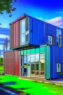 A three story house built from shipping containers, in the country