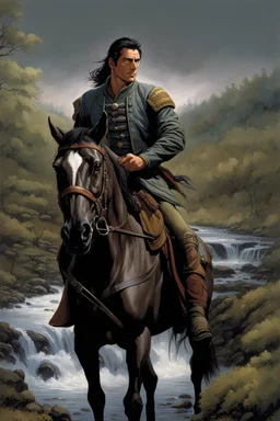 A 40 year old mercenary in a battle jacket and travelers cloth. He is riding a dark gray horse. He is tall, slim, has a sharply cut face. black hair, short ponytail on the top of his head. Perfect face. Perfect eyes. Perfect hands. Perfect feets. fantasy setting. A river ford in a wood. Style of Michael Whelan