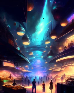 Very lage and Vast Fictional multiversal marketplace with multiple levels, filled with people and bright lights, with a space background