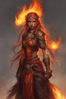 Paladin druid female made from fire . Hair is long and bright brown . It has some braids and it is on fire. Eyes are noticeably red color, fire reflects. Make fire with hands . Has a big scar over whole face. Skin color is dark