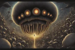 Looking into a black hole, hundreds of huge mushroom-shaped creatures with massive mouths, faceted eyes and tentacles.