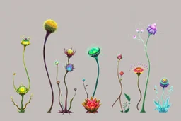 Isolated concept art of alien plants on a plain neutral background. Strange fictional extraterrestrial flora with unusual shapes, glowing details, thorns, spines, tendrils, and exotic flowers. Each plant designed with unique silhouette and fantasy colors, digital painting style, detailed textures, science fiction botanical illustration, no background, no landscape.