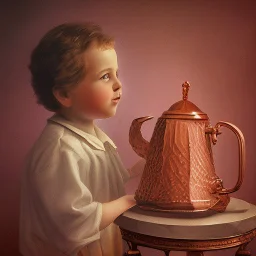 The reflection of a child on the surface of an old copper teapot