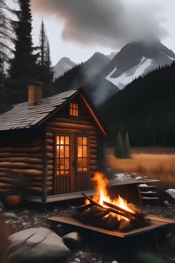 cabin out in the woods with bonfire and mountains in the background