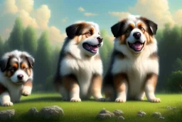 hyperrealistic digital gouache matte painting and pencil, volumetric nature environment, organic, (( cute, happy ( australian shepherd and saint bernard crossbreed ) puppies playing together )), close-up portrait, elegant, intricate, realistic shaded volumetric lighting, volumetric clouds, concept art, detailed eyes, illustration, 8k, uhd, hires, backlight, centered camera view, colour-washed colors, ambient occlusion, sunlight caustics, design and art by sam curry