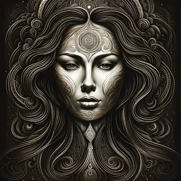 create a haunted female disembodied spirit with highly detailed, sharply lined facial features, , finely drawn, boldly inked, in dark ethereal colors, otherworldly, celestial, and beautiful