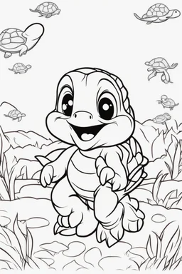 blank colouring book, white blank background, simple picture for toddlers, turtle pet, disney and pixar style