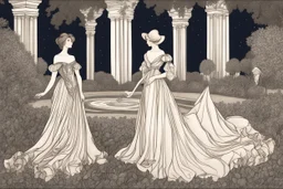 two elegant women at night in the garden of the palace of good and evil, by artist "Ingrid Umber", by artist "Sienna Lamberts"