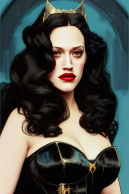 painting of kat dennings as evil queen in black leather gown, feminie, angry, stern look on her face, volouptous, busty, cleavage, emperious, mature, highly detailed, digital painting, artstation, concept art, smooth, sharp focus, illustration, art by gaston bussiere and alphonse mucha