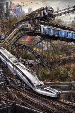 Insanely detailed intricately detailed meticulously detailed hyperdetailed AbstractTech cyberpunk train on a roller coaster, high contrast, beautiful landscape, realistic and natural, detailed full-color , nature, HD photography, Galen Rowell, David Muench, perfect composition, gloss, hyperrealism