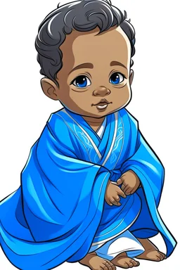an anime style drawing of a blasian baby boy. hes wearing blue royal baby robes.