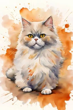 painting of a persian cat rolling on its back, the cat is in the centre of the picture taking up only one third of the image, in watercolour, in the background an orange wall, splatter, art, aquarell, pastell, ink, soft, lots of white negative space around the outside of the picture, white outlines, full shot, birdseye perspective
