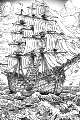 Create an exhilarating coloring page inspired by the Pirates of the Caribbean movie, featuring a majestic pirate ship sailing through rough seas. Challenge young artists to add their creative touch to billowing sails, the iconic Jolly Roger flag, and crashing waves. This black-and-white coloring adventure invites kids to embark on an exciting journey as they bring this thrilling pirate ship scene to life on paper.