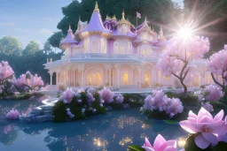 a magical crystal flower magnolias pink gold house palace in the woods, magnolias pink,blue lake,sun,white swanns,pink vertical, blue lake,sharp, vines, candlelit, endor, ornate, elegant, highly detailed, artstation, concept art, smooth, sharp focus, illustration, 8k, splash art, wallpaper, key visual