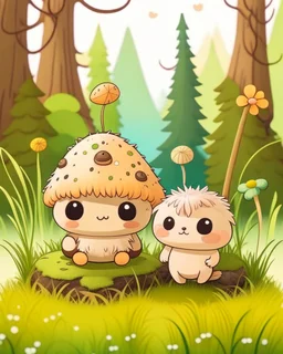 Two cute mushroom boys in the forest with big cute heads, small body. Fox tails and ears. Brown pants. Big sparkly monster eyes. Soft baby pastel colours. Fuzzy and hairy. Sparkles around. underwater colours. sparkles. Soft toys. Happy. bushes around and moss.