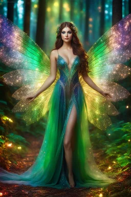 Front view photoshoot Gorgeous Photography Ultra Realistic Natural Skin Beauty, Beautiful Fairy woman straddle wings with gown shiny brown flowing hair, glitter colorful fairy wings, lovely glowing green eyes, surrounded by magical colorful forest and flickering lights, digital photography, kaleidoscope, vibrant colors, vivid colors, colorful,in midnight magic lights forest ,full sparkling light, close-up portrait