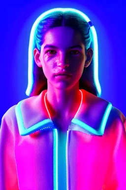 Rosalía, artist, 30 years old, Realistic, waist up portrait. Eyes, glow, circle iris, eye liner. Hair, pigtails. make up, glow. lips, gold. big rings piercing, led ornament, pearls. Coat, smile pin, inflatable latex, cold, led lights, minimal, neon, pink, blue, gold, vibrant color, highly detailed, art stations, concept art, smooth, unreal engine 5, god lights, ray tracing, RTX, lumen lighting, ultra detail, volumetric lighting, 3d, finely drawn, high definition, 4k.