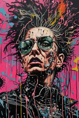 Ultra detailed medium portrait painting of chaos showing anxiety , no air, tight, torn up punk poster, broken circuitry background, matrix effects, punk visual art, punk art aesthetic, graffiti art, pop surrealism, collage art, cluttered paint glitches