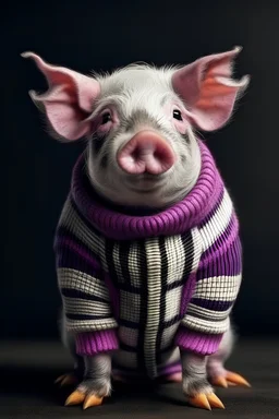 A pig with purple skin wearing a striped sweater