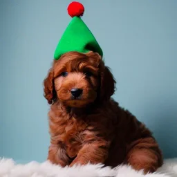 brown goldendoodle puppy with a santa hat