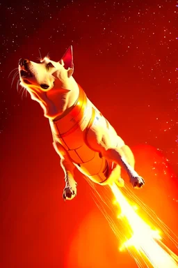 white and orange dog flies to the space at on top of the a rocket, writes, in space, realistic, 4k, Cinematic,