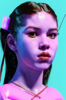 Ultra Realistic image, Rosalía artist, natural body ,portrait, normal complexion, portrait, clean skin, two bows, little chopsticks hair , black eye long line, sweet face, t-shirt with holes, inflatable open coat, gold pink and blue style, spray line glow, big geometric led jewelry, fog, hot, inflatable style latex coat, vibrant color, highly detailed, art stations, concept art, smooth, unreal engine 5, god rays, ray tracing, RTX, lumen lighting, ultra detail, volumetric lighting, 3d.