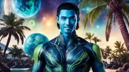 beautiful gorgeous young man na'vi with long hair, Avatar, blue skin, two small ears, green eyes, black hair, in cosmic suit, galactic ambiance, medium pointy goatee , smiling, with spaceship and planets and palm trees and clear crystaline cosmic beach in background