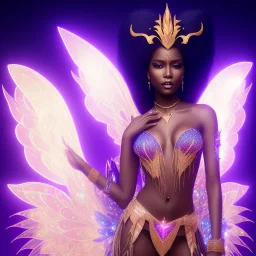 full body shot, masterpiece, best quality, black skinned, sparkling eyes, long hair, gorgeous African Fairy queen,wings,fluorescent skin,light blue makeup,sparkly glass diamond transparent,synthwave, light indigo, trasparent , irridescent, highly detailed body, sun light, 4K, RAW, depth of field, high contrast, realistic details, 24mm vaporwave aesthetic, synthwave, artstation, concept art, smooth, extremely sharp detail, finely tuned detail, ultra high definition, 8 k, unreal engine 5, ultra sh