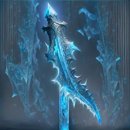 A fantasy sword that is a slender, translucent blade made of ice, shimmering with an ethereal blue glow. Its hilt is crafted from swirling vines, leading to a vibrant crystal at the pommel. With a black background behind it.