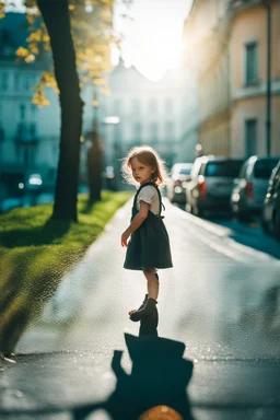 little girl that is standing on a sidewalk, inspired by Louisa Puller, trending on unsplash, viennese actionism, anamorphic lens flare, dynamic pose, shallow depth of field, dreamlike, nature-inspired, romantic, whimsical, fantasy art,