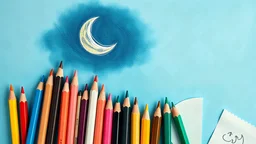 A bunch of colored pencils and some child drawings and a crescent moon image above the image on a light and dark blue background, amazing and poetic.