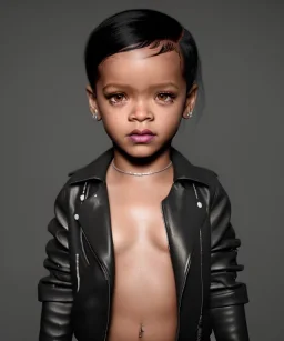 Rihanna toddler, full body, leather jacket, soft skin, dramatic lighting, hyper realistic