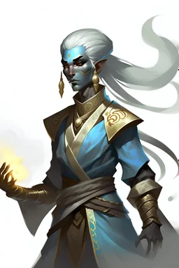 Air genasi fra d&d with black skin smoke some hair an Asian skin