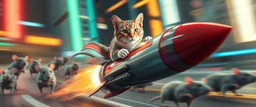 rocket ship cat captain in high speed pursuit among neon rats, with background motion blur