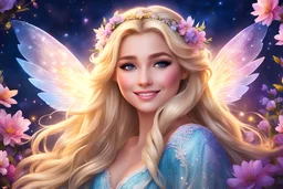 big fairy wings. As the night sky casts its dreamy gaze upon Elsa, amidst the vibrant blossoms of spring, her blonde right long straight hair locks shimmer like a golden halo. smiling. high purity. highly detailed, digital art, beautiful detailed digital art, colorful, high quality, 4k