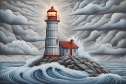 lighthouse in the storm in the style of alex grey with powder blues, light grey, and white