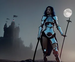 Rita ora, knight armor, long curly black hair, choker, holding sword, hands castle, moonlight