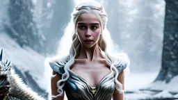 whole body image of beautiful Daenerys Targaryen in a mystical enchanted forest standing next to a dragon, HD 8K, sharp detail, hyperrealistic photo accurate face and features, cinematic lighting