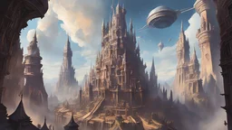 The magnificent flying city of Eileanar from the world of Dungeons & Dragons, soaring gracefully through the ethereal skies. In the center of the city, towering above all other structures, stands a colossal wizard tower, adorned with intricate runes and sparkling with magical energies. The tower is topped with a magnificent observatory, where powerful wizards spend their days studying the stars and deciphering ancient tomes. Surrounding the tower are lush gardens, maintained by a team of dedicat