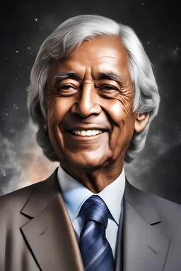 Dr. APJ Abdul Kalam's portrait radiates warmth with a humble smile, capturing his approachable demeanor. Dressed in his signature attire, the backdrop symbolizes progress and innovation, highlighting his pivotal role in India's space program. His confident posture, coupled with a subtle tricolor palette, embodies a visionary leader committed to education and technological advancement , 4k , hdr