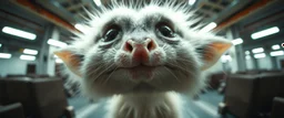 extreme close up on cheeky fluffy weasel mafia elf family scumbag in the style of Escher and Giger and Fallout 4, pinhole cam, airbrush 3d rendering, on tv screen:A five-second cinematic single take in a clean industrial presentation hall.