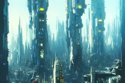 Art by John Berkey and John Harris, futuristic city, high rise, smooth, sharp focus, higly detailed, digital painting, concept art, elegant, centered, Taris Star Wars, connected