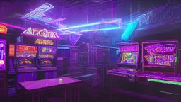 A dark photo of the corners of an 80's aesthetics arcade at night, with a lot of functioning arcade machines, a vaporwave floor and some colorful tiles in between the floor. Purple aesthetics. There are some pizza boxes over some of the arcade machines. The wall has a ticket shop who sells plushies, food and laser tag guns