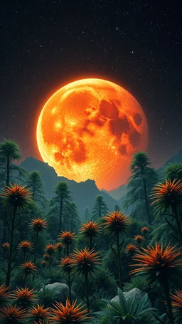 Orange moon landscape on fantasy green planet, space meteorites, stars in the night sky, fantasy plants on the planet of marijuana trees split toning effect, subsurface gaussian scattering, dark fantasy, dark botany, photorealistic image, ultra-details