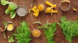 peppermint, ginger, chamomile, fennel, and turmeric plants side by side