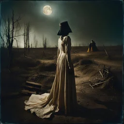 Photorealistic polaroid nothingness and distressing anguish old wooden figure wasteland night Max Ernst Hieronymus Bosch, volumetric light, shot on Hasselblad, movie shot, details of the dress accentuated, nightmare, hypermaximalist