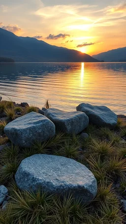 A 3 granite stones on a lake bank with barley and grass around the stones at sunset , great picture with high quality 4k